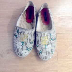 Carolina Herrera Cream and White Espadrilles with Artistic Pattern